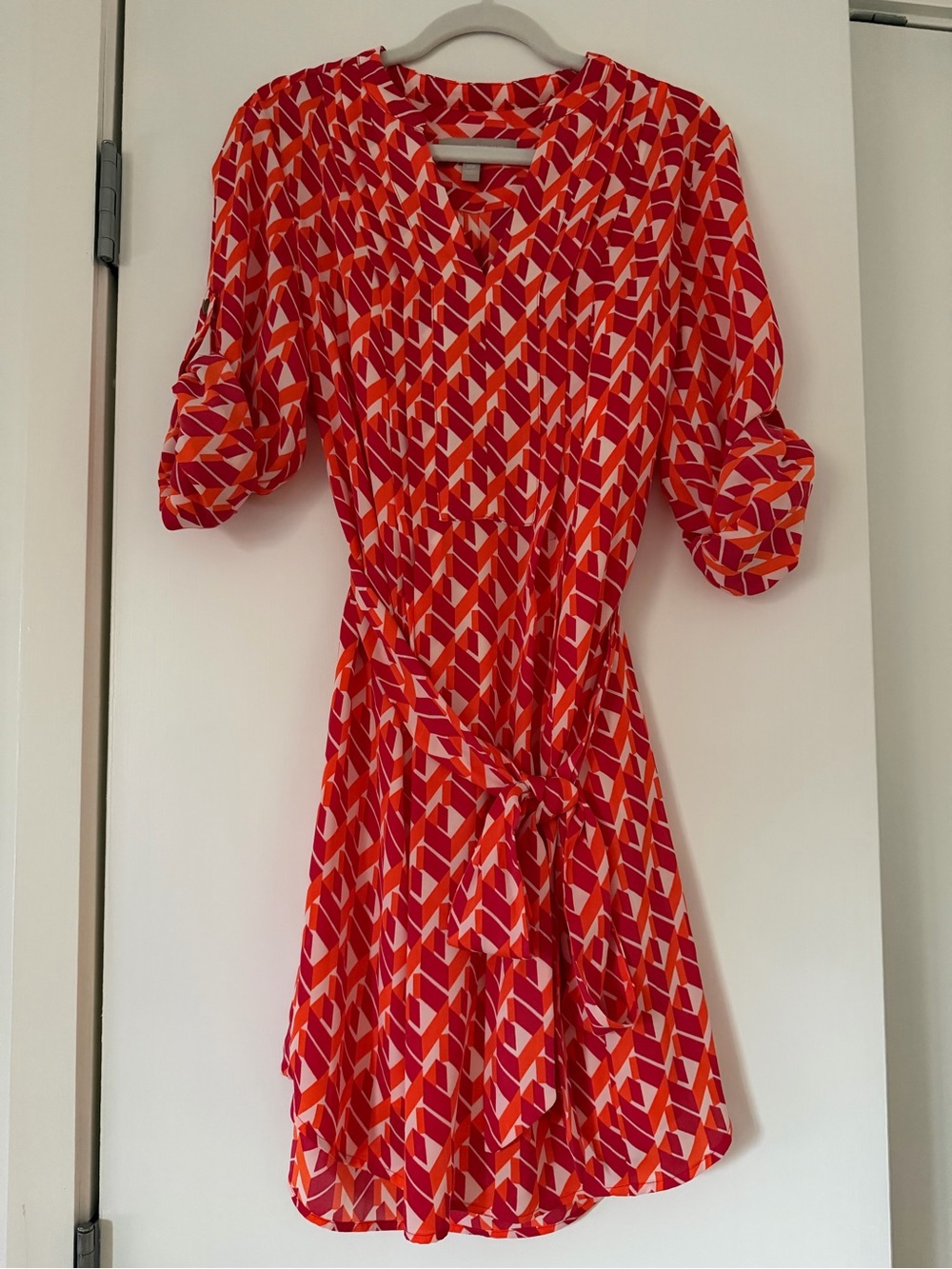 Banana Republic Red, White & Orange Geometric Tie-Waist Midi Dress